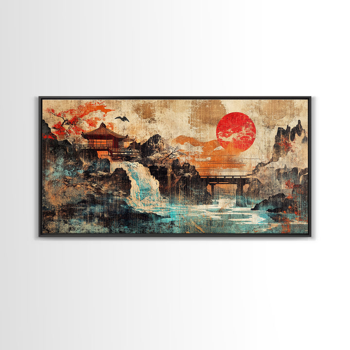 Red Sun Temple Waterfall Over Mountain Lake Wall Art, Japanese Landscape Canvas Print, Asian Zen Decor, Large Living Room Art