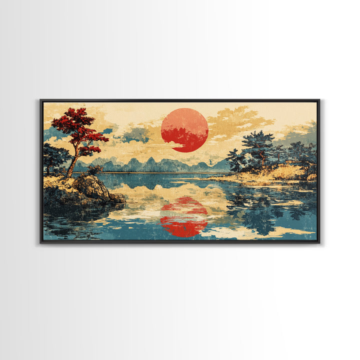 Red Sun Reflected On Serene Mountain Lake Wall Art, Japanese Landscape Canvas Print, Coastal Zen Decor, Large Living Room Art
