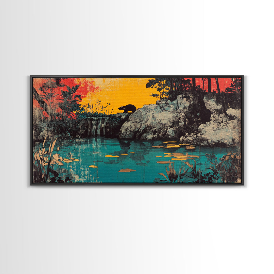 Turquoise Jungle Waterfall At Sunset Wall Art, Tropical Landscape Canvas Print, Nature Decor, Large Horizontal Living Room Art