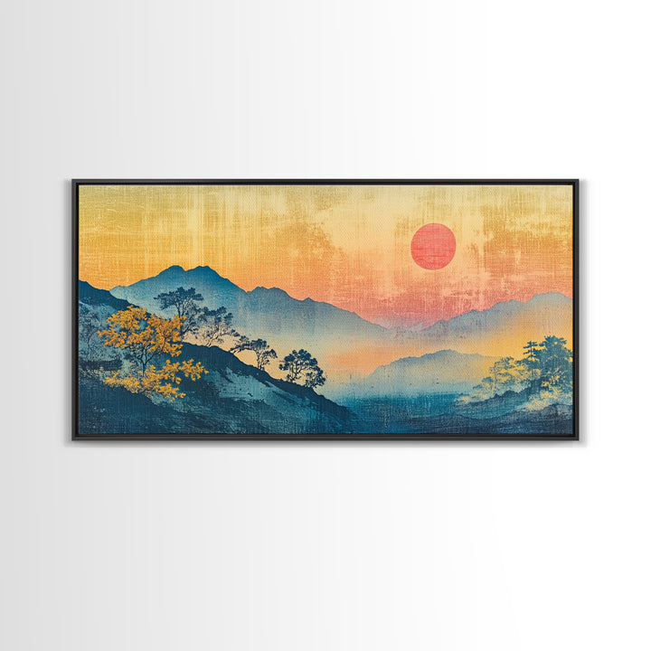 Misty Blue Mountains With Pink Sun Wall Art, Japanese Landscape Canvas Print, Minimalist Nature Decor, Large Bedroom Art