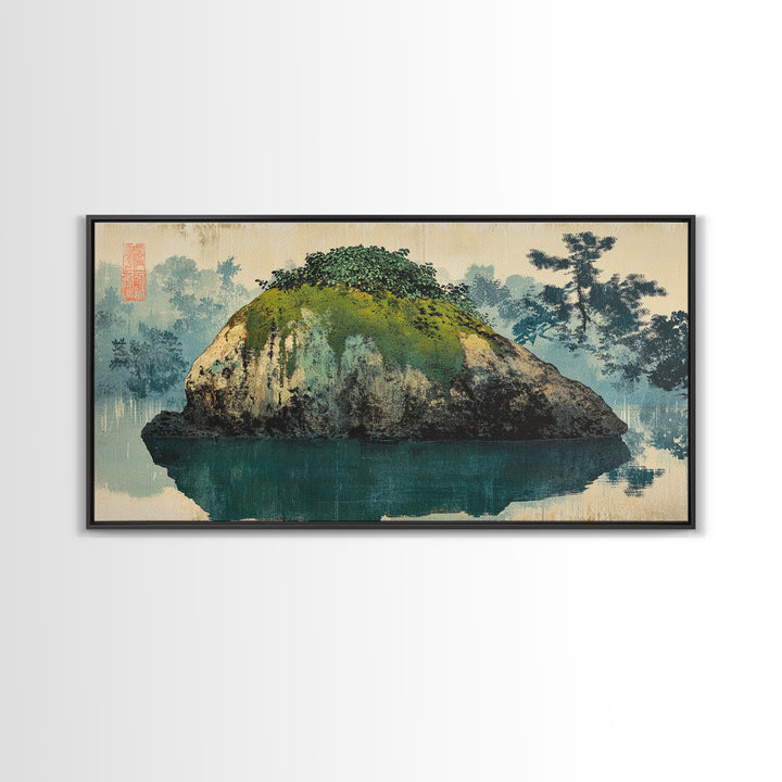 Moss Covered Island Reflected In Calm Water Wall Art, Japanese Zen Landscape Canvas Print, Minimalist Nature Decor, Office Art