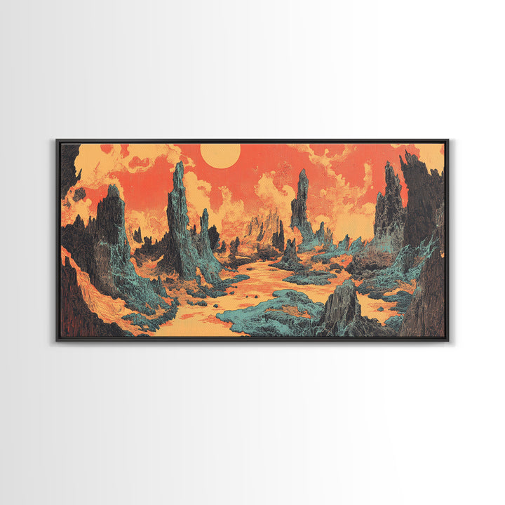 Alien Desert Spires Surreal Landscape Canvas Print, Sci Fi Wall Art, Retro Futuristic Decor, Gaming Room Poster Gift For Him