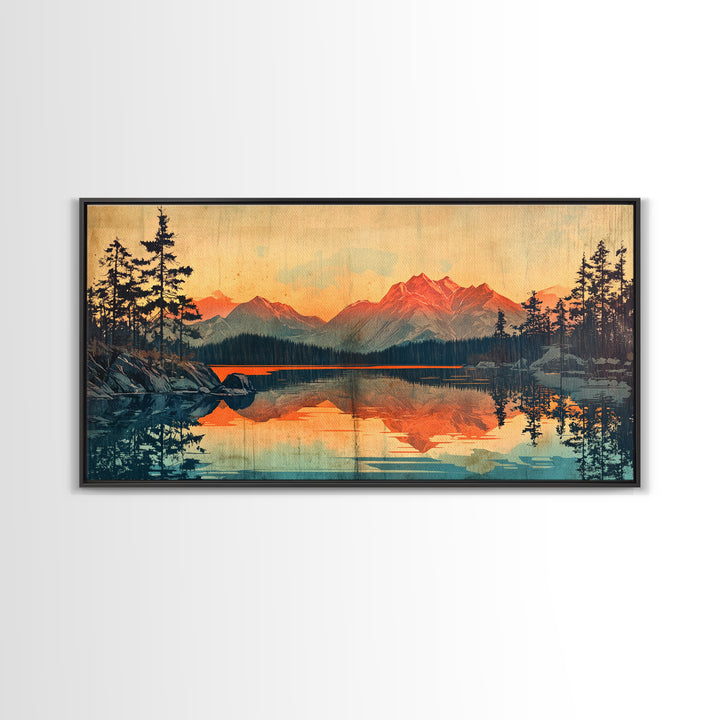 Sunset Alpine Lake Reflection Wall Art, Mountain Landscape Canvas Print, Rustic Cabin Decor, Large Living Room Art Gift For Him