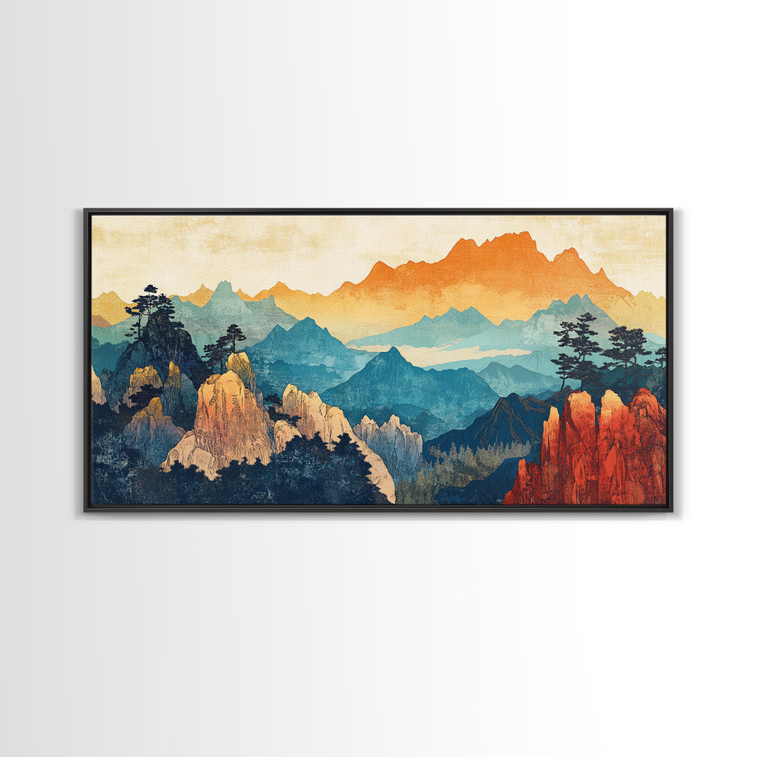 Layered Mountain Peaks Landscape Wall Art, Southwestern Nature Canvas Print, Boho Cabin Decor, Large Living Room Gift For Him