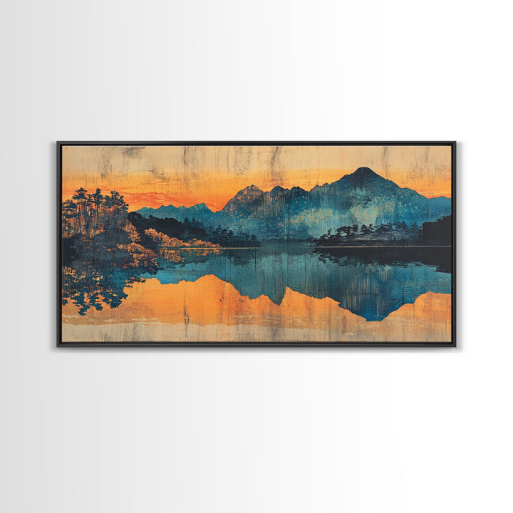 Moody Mountain Lake Reflection Wall Art, Blue Orange Landscape Canvas Print, Rustic Cabin Decor, Large Living Room Art Gift