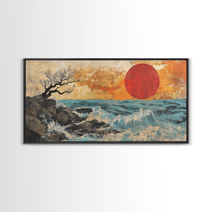Rocky Ocean Red Sun Seascape Wall Art, Coastal Canvas Print, Japanese Style Wave Decor, Beach House Living Room Housewarming Gift