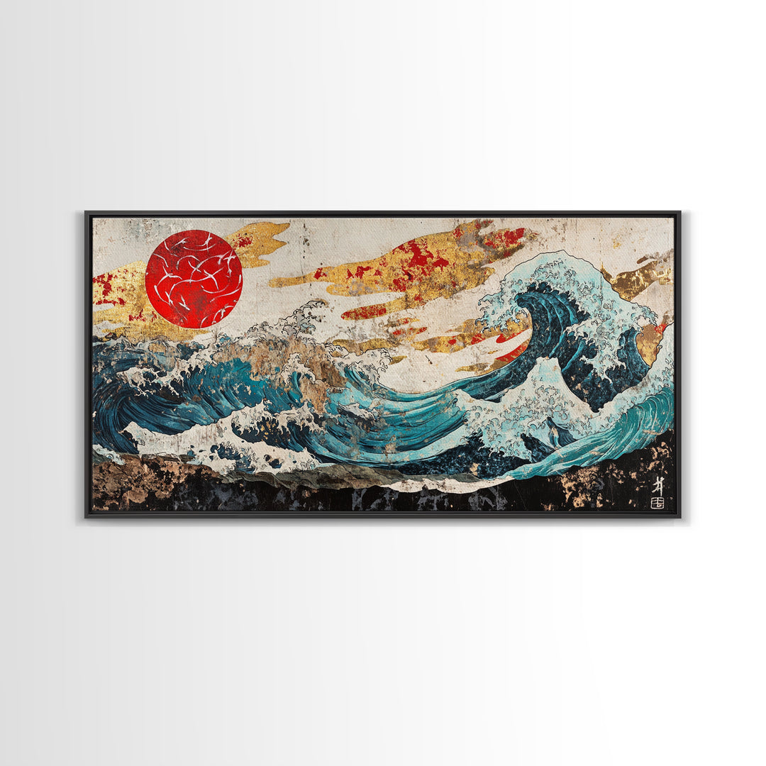 Red Sun Great Wave, Japanese Ocean Framed Canvas Print, Ukiyo E Wall Art, Coastal Decor, Large Living Room Statement Art