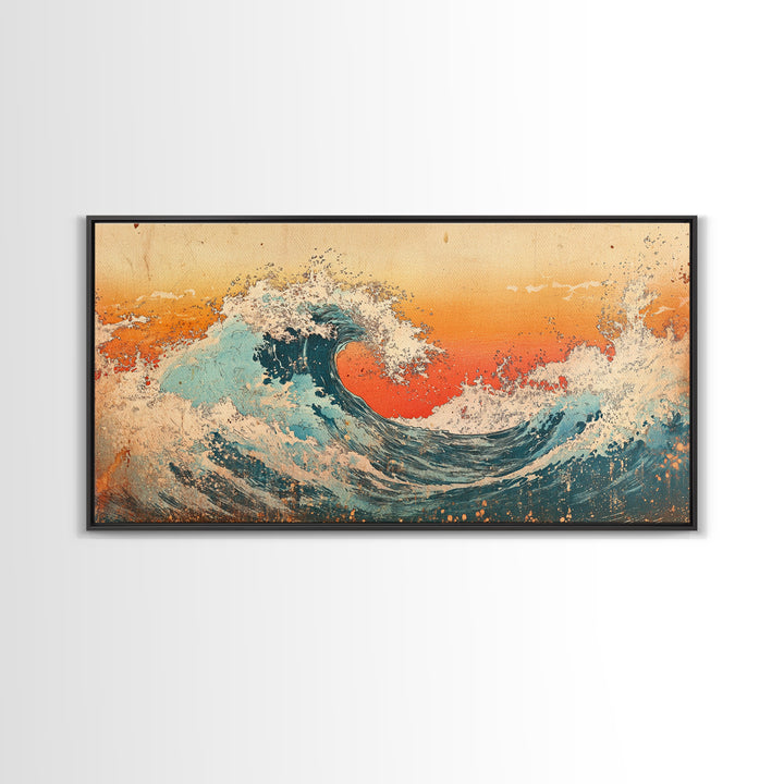Curling Turquoise Wave, Orange Sky Canvas Print, Japanese Ocean Wall Art, Coastal Bathroom Decor, Beach House Gift, Living Room Decor