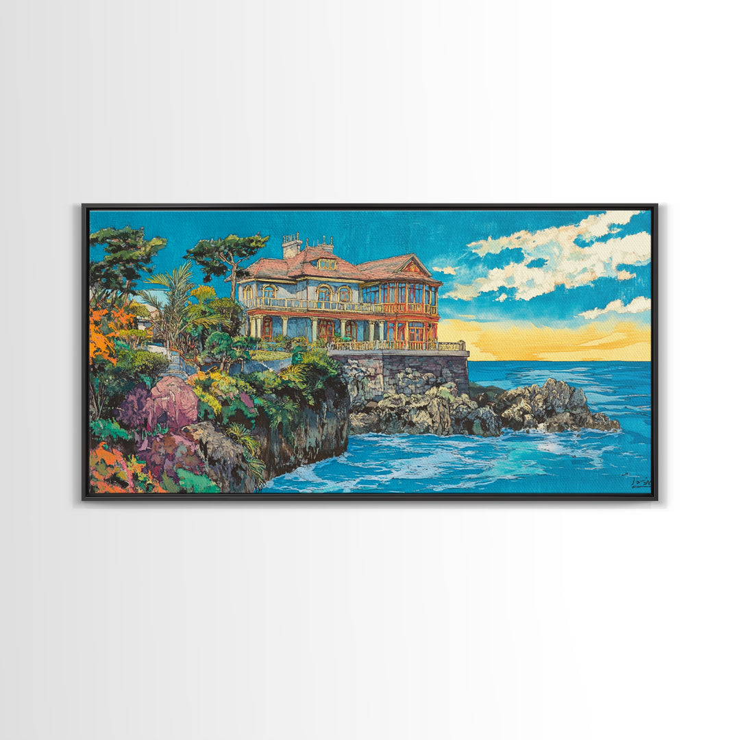 Clifftop Coastal Villa, Bright Seascape Wall Art, Italian Riviera Canvas Print, Ocean Decor, Travel Poster, Gift For Her, Housewarming Gift