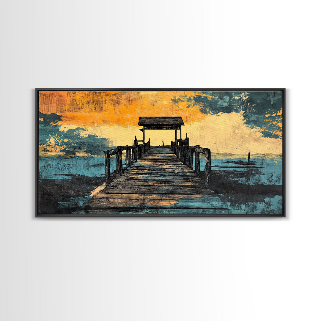 Weathered Pier At Sunset Canvas Print, Coastal Wall Decor, Nautical Beach House Art, Lake House Living Room Decor, Wide Wall Art