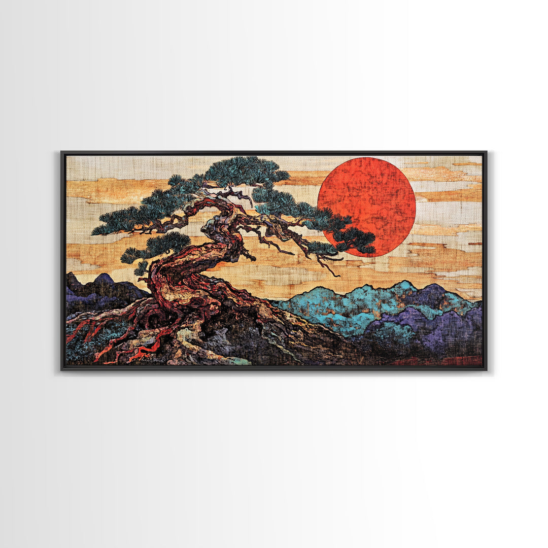 Twisted Bonsai Pine Red Sun Wall Art, Japanese Landscape Print, Japandi Decor, Zen Living Room Framed Canvas Print, Mountain Wall Decor