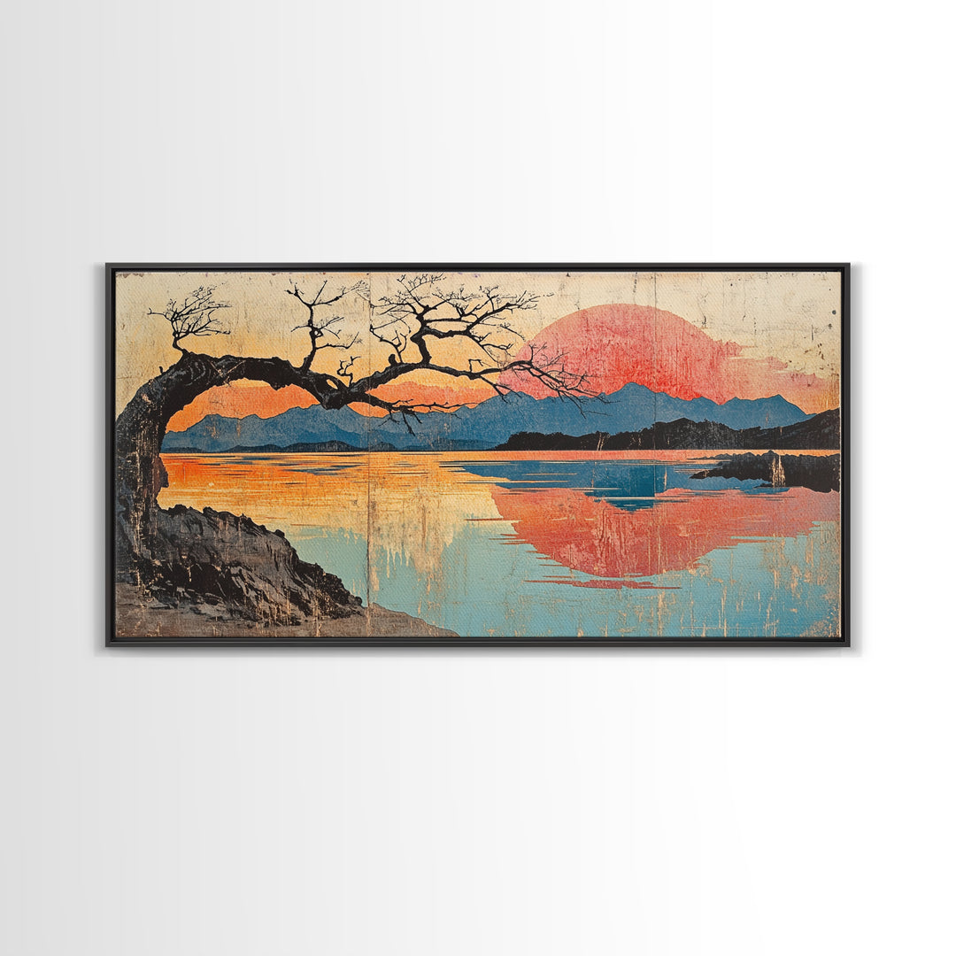 Bare Tree Lake Sunset Wall Art, Japanese Inspired Landscape Print, Serene Coastal Decor, Large Horizontal Canvas Print Art