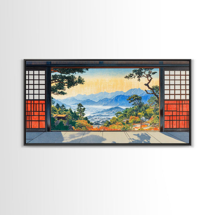 Japanese Shoji Window Mountain View Wall Art, Japandi Landscape Print, Zen Home Decor, Large Framed Canvas Print, Living Room Decor