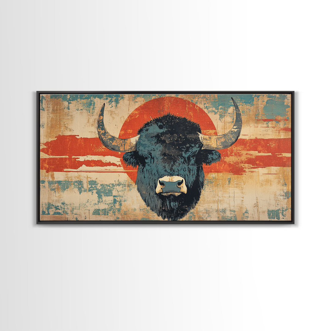 Bold Bison Portrait Red Sun Wall Art, Western Buffalo Print, Rustic Ranch Decor, Large Framed Canvas Print, Living Room Decor