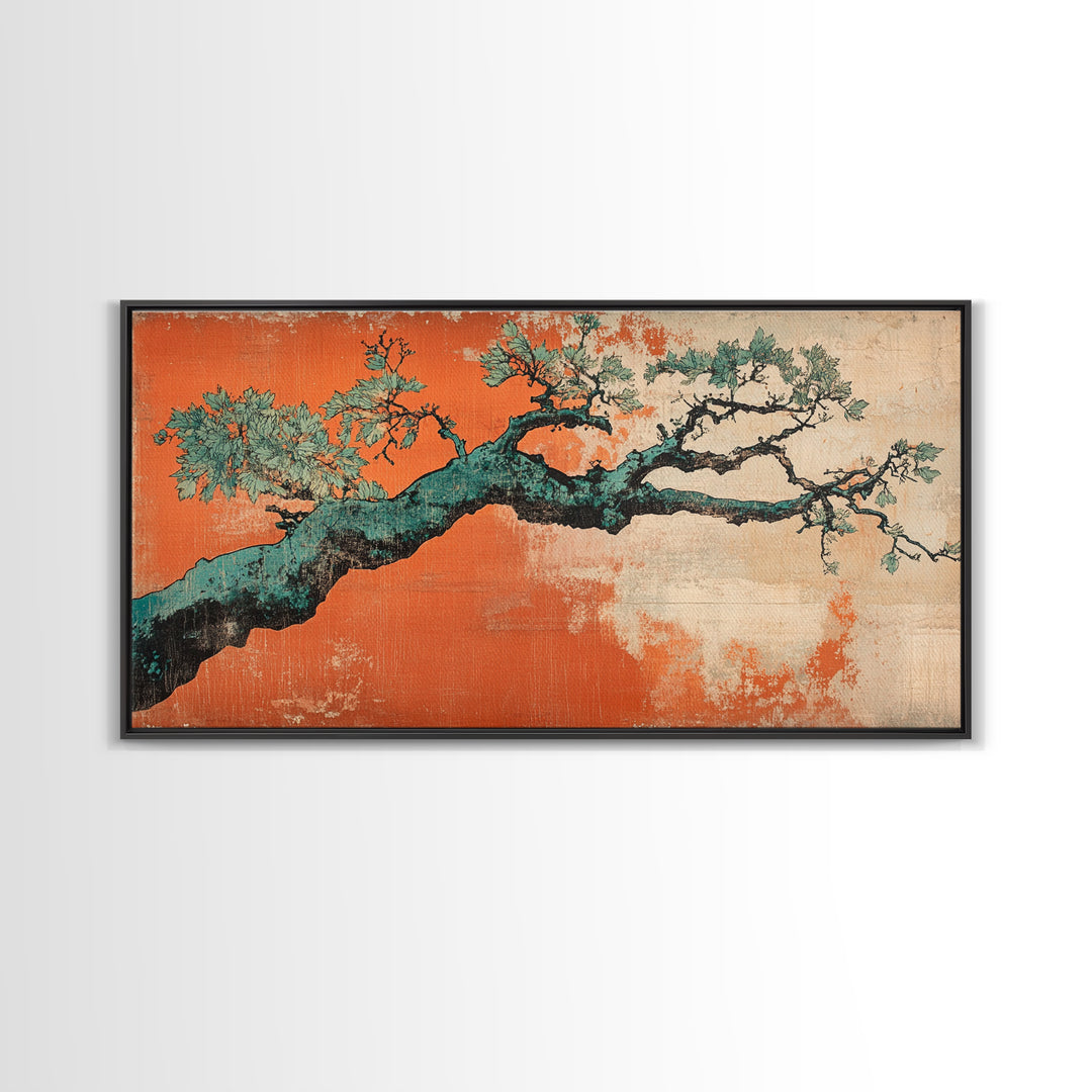 Twisted Pine Branch Wall Art, Japanese Botanical Canvas Print, Orange Teal Nature Decor, Japandi Living Room Wall Decor Gift