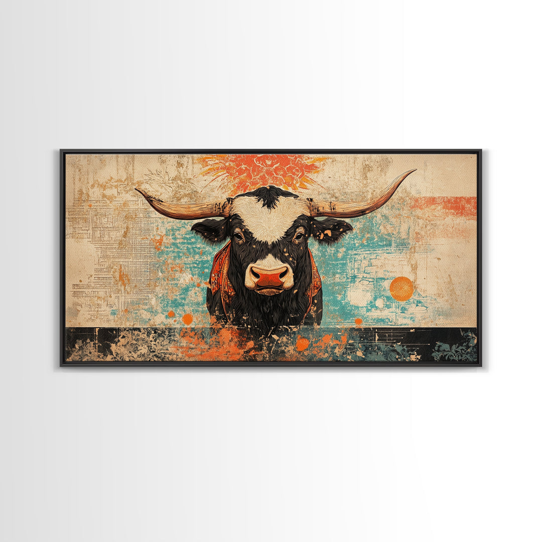 Bold Longhorn Cow Wall Art, Western Animal Canvas Print, Rustic Farmhouse Decor, Southwest Living Room Wall Decor Gift Idea