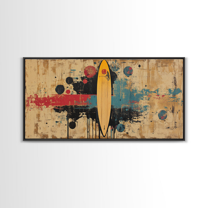 Yellow Surfboard Abstract Wall Art, Retro Beach Canvas Print, Mid Century Modern Decor, Surfer Living Room Wall Decor Gift