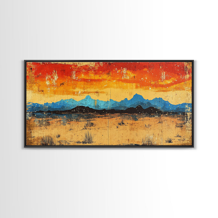 Blue Desert Mountain Wall Art, Fiery Sunset Landscape Canvas Print, Southwest Modern Decor, Above Sofa Wall Decor Gift Idea
