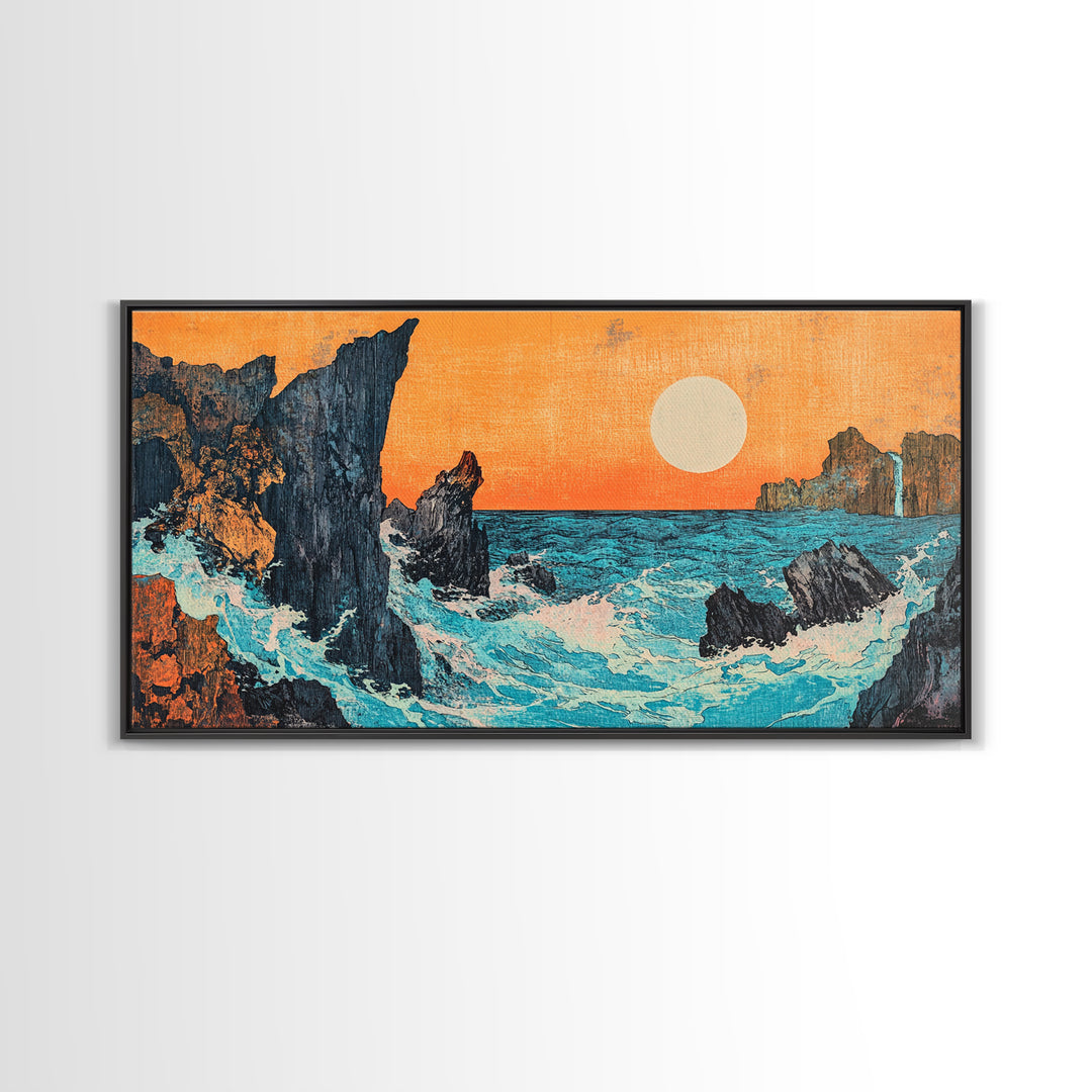 Rocky Ocean Sunset Seascape Wall Art, Japanese Coastal Canvas Wall Art, Beach House Decor, Large Horizontal Print, Ocean Wall Decor