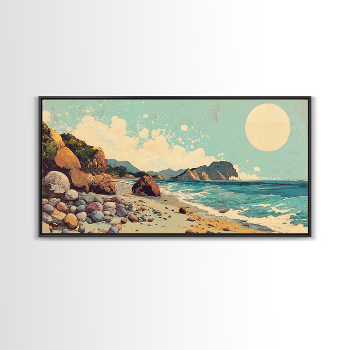 Sunny Rocky Beach Panorama Wall Art, Tropical Coastal Landscape, Ocean Waves Canvas Print, Beach House Decor, Large Horizontal Art