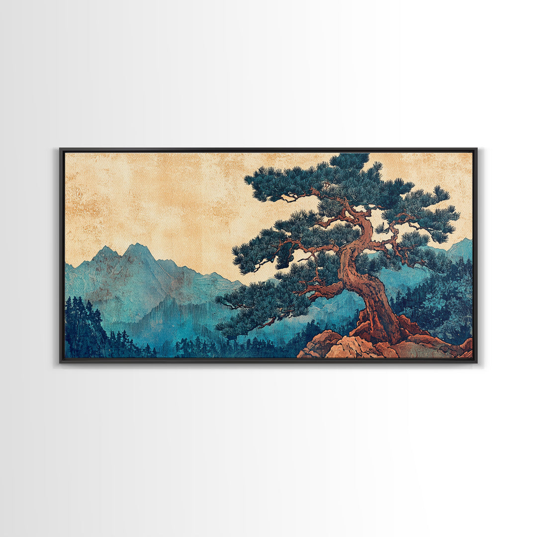 Ancient Pine Mountain Landscape Wall Art, Japanese Nature Canvas Print, Blue Forest Decor, Japandi Wall Art, Large Horizontal Print