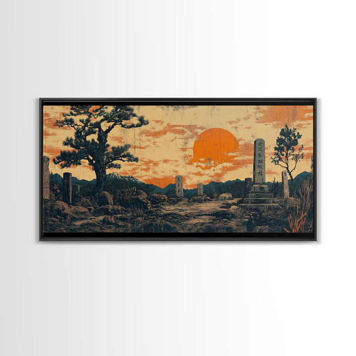 Moody Graveyard Sunset Wall Art, Japanese Cemetery Landscape, Dark Academia Canvas Print, Gothic Decor, Large Horizontal Art