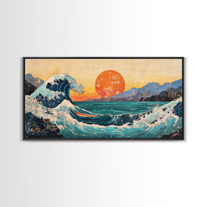 Great Wave With Orange Sun Canvas Print, Japanese Ocean Wall Art, Coastal Landscape Decor For Living Room Above Sofa Housewarming Gift