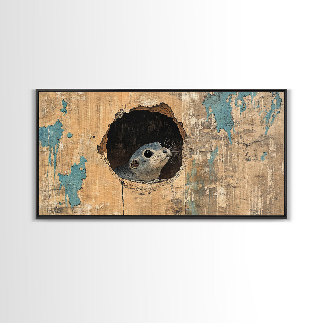 Curious Seal Peeking From Weathered Wall Art, Cute Coastal Animal Canvas Print, Nautical Bathroom Decor Gift For Ocean Lover