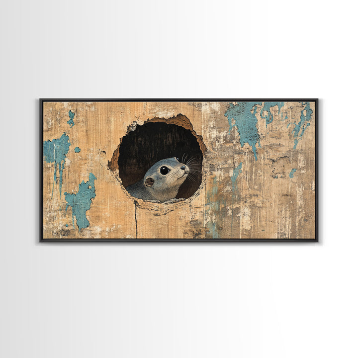Curious Seal Peeking From Weathered Wall Art, Cute Coastal Animal Canvas Print, Nautical Bathroom Decor Gift For Ocean Lover