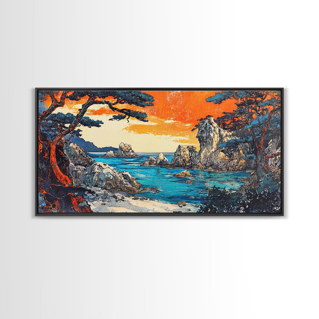 Orange Sunset Rocky Cove Seascape Canvas Print, Coastal Wall Art, Ocean Landscape Art For Living Room Decor, Beach House Decor
