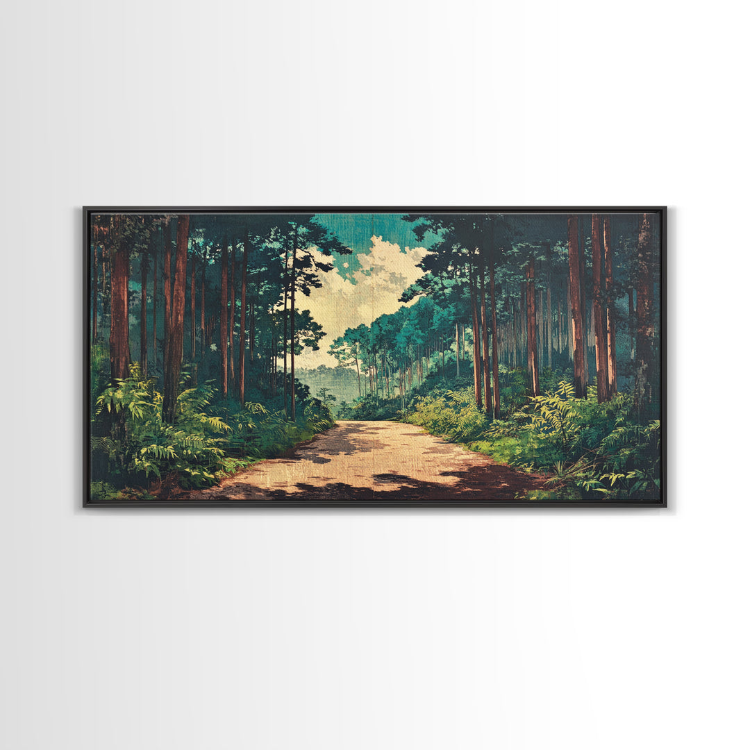 Sunlit Pine Forest Path Canvas Print, Nature Wall Art, Forest Wall Decor, Japandi Wall Art For Entryway And Office Decor