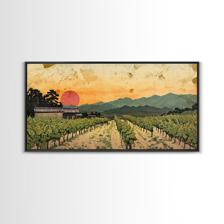 Sunset Vineyard Rows And Mountains Canvas Print, Winery Wall Art, Wine Country Decor, Rustic Landscape Art For Dining Room