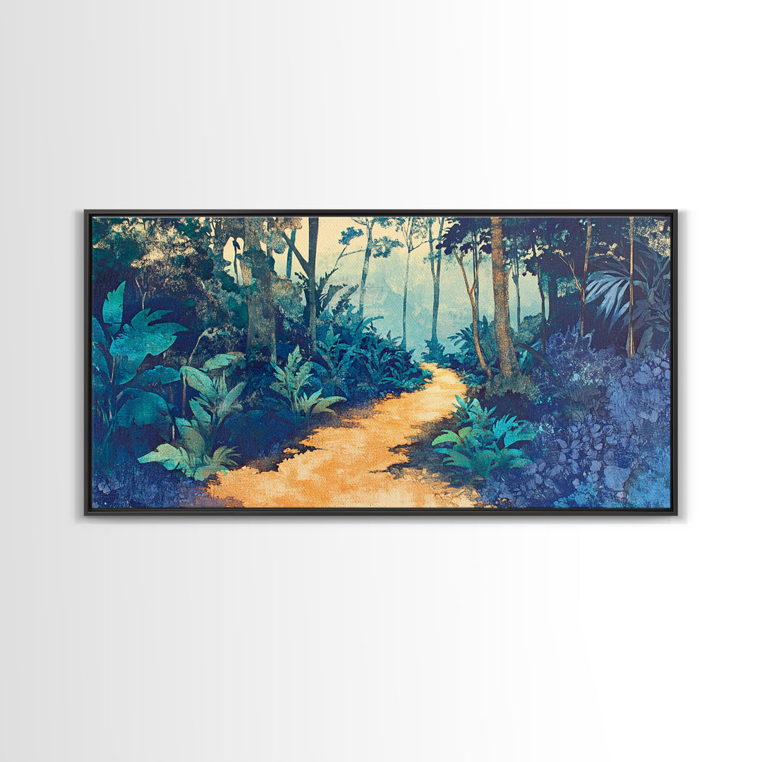 Lush Tropical Jungle Path Canvas Print, Botanical Wall Art, Nature Wall Decor, Blue Green Wall Art For Spa Or Bedroom Decor