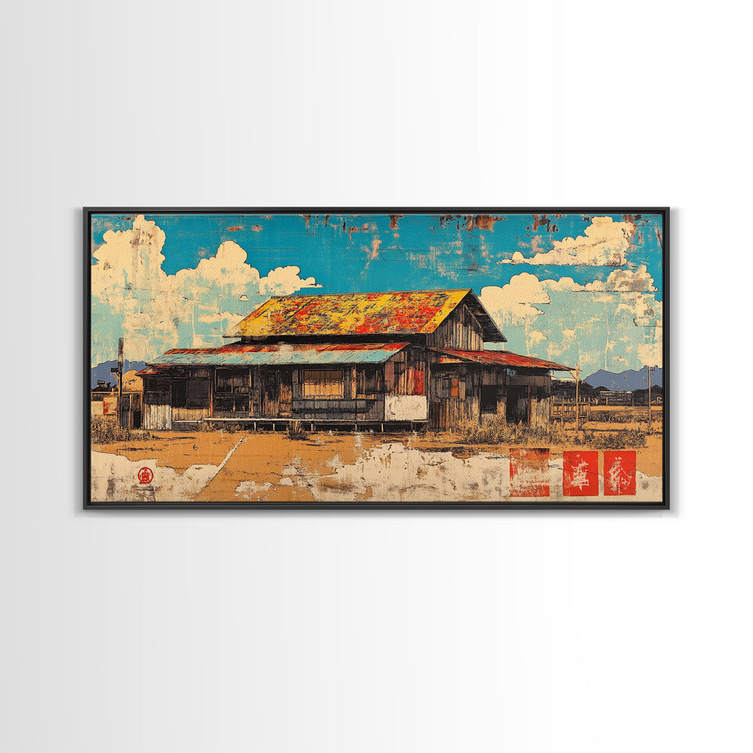 Rustic Weathered Barn Under Blue Sky Framed Canvas Print, Farmhouse Wall Art, Country Landscape, Warm Rural Home Decor Print