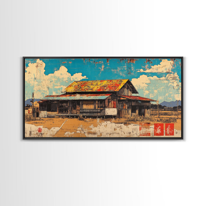 Rustic Weathered Barn Under Blue Sky Framed Canvas Print, Farmhouse Wall Art, Country Landscape, Warm Rural Home Decor Print