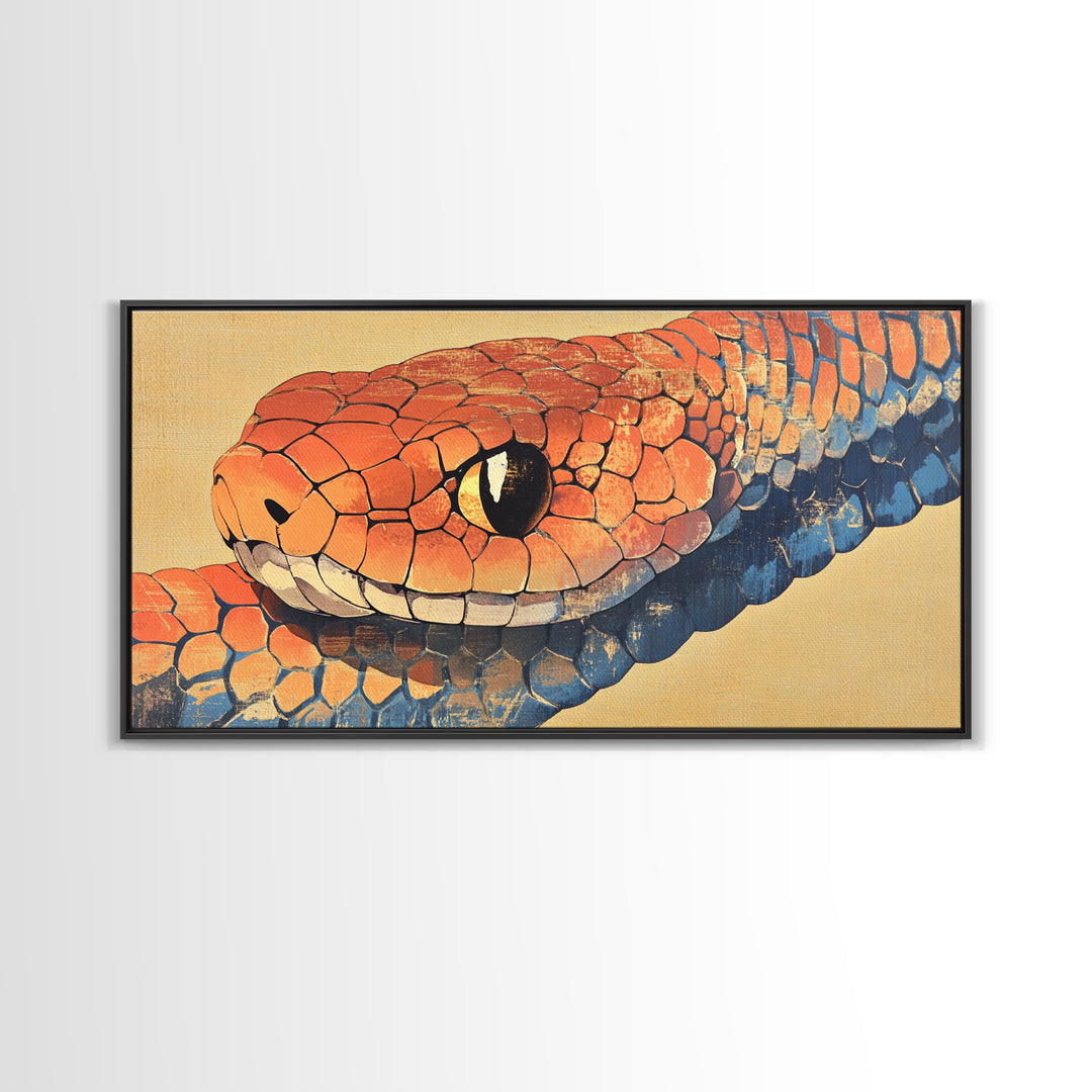 Orange And Blue Snake Closeup Framed Canvas Print, Reptile Wall Art, Wildlife Art, Bold Nature Decor, Masculine Home Decor