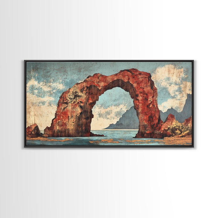 Red Coastal Rock Arch Over Blue Sea Framed Canvas Print, Seascape Wall Art, Ocean Landscape, Beach House Decor, Coastal Decor