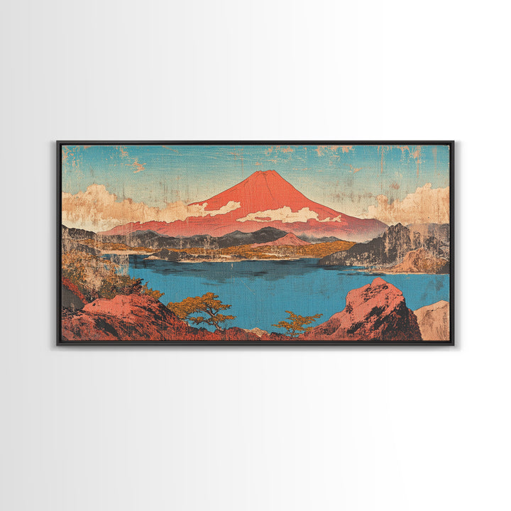Red Mount Fuji Over Lake Framed Canvas Print, Japanese Wall Art, Landscape Art, Japandi Decor, Nature Wall Art, Home Decor