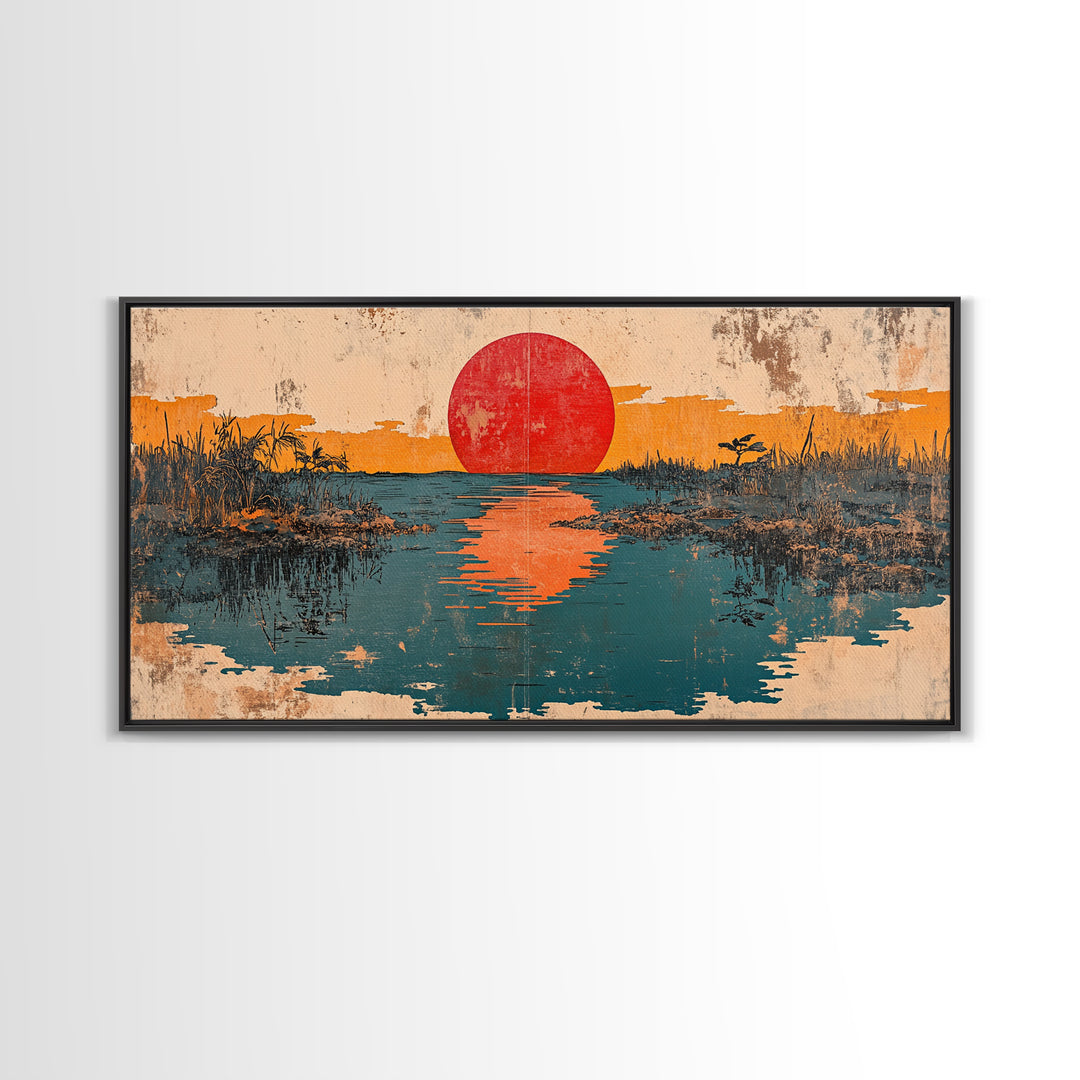 Red Sun Reflected In Marsh Water Canvas Print, Japanese Wall Art, Abstract Landscape, Zen Home Decor, Sunrise Wall Art, Japandi Decor