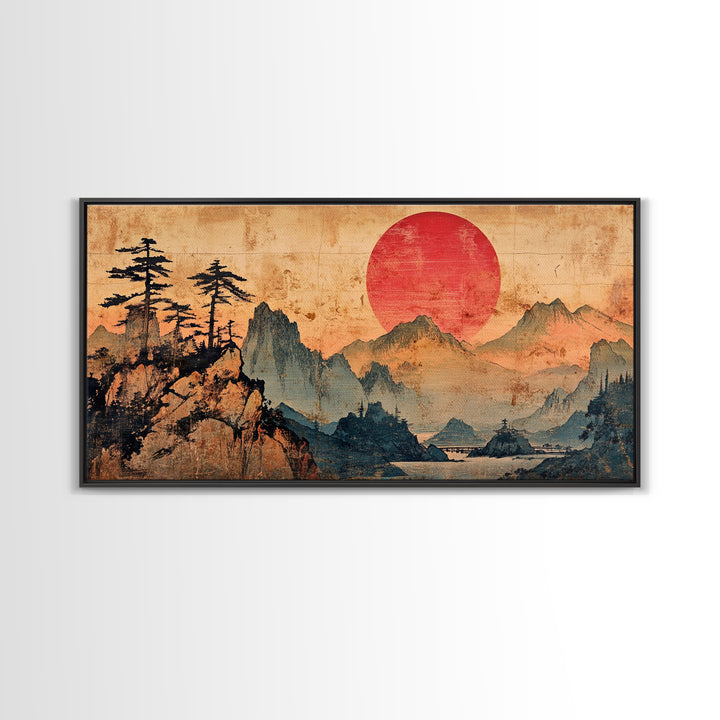 Red Sun Mountain Pines Wall Art, Japanese Landscape Canvas Print, Japandi Zen Home Decor, Asian Inspired Living Room Art