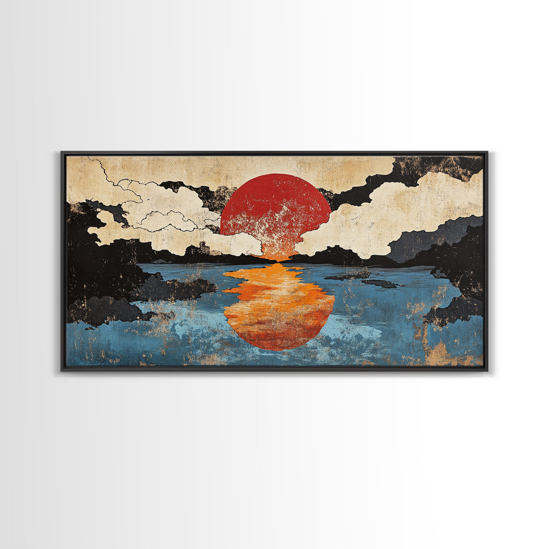 Orange Sun Reflection Seascape Wall Art, Japanese Ocean Canvas Print, Moody Coastal Wall Decor, Abstract Sunset Art Print