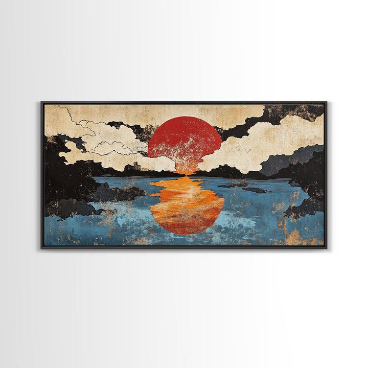 Orange Sun Reflection Seascape Wall Art, Japanese Ocean Canvas Print, Moody Coastal Wall Decor, Abstract Sunset Art Print