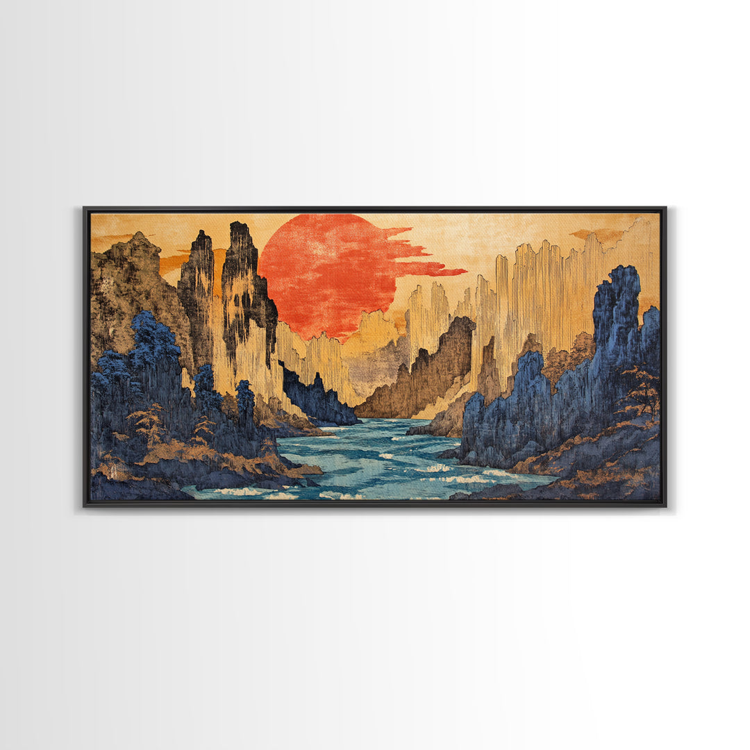 Red Sun Canyon River Wall Art, Japanese Landscape Canvas Print, Modern Japandi Decor, Dramatic Mountain Living Room Art Print