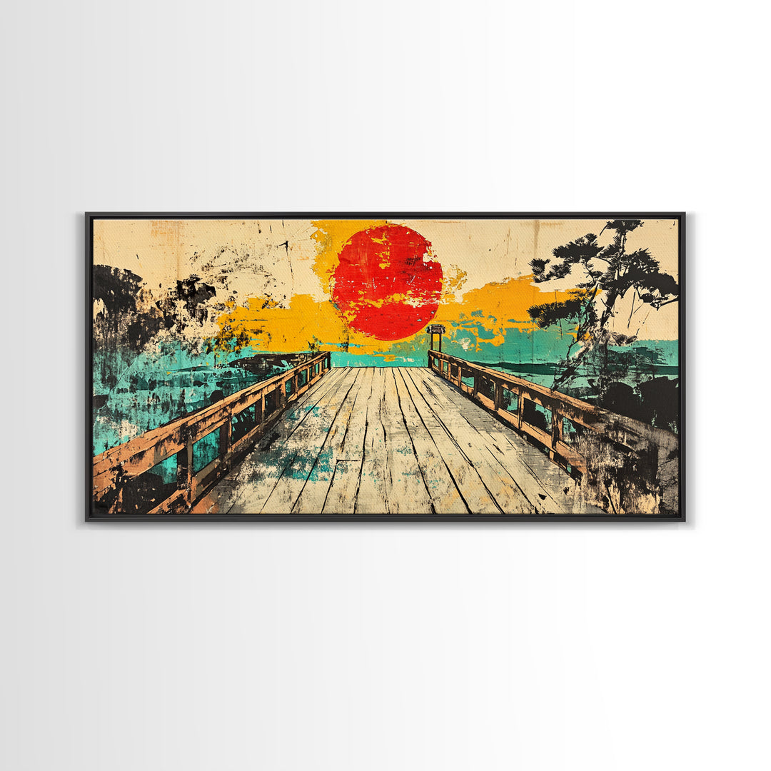 Sunset Pier Lake Wall Art, Japanese Landscape Canvas Print, Turquoise Coastal Decor, Retro Travel Poster For Living Room