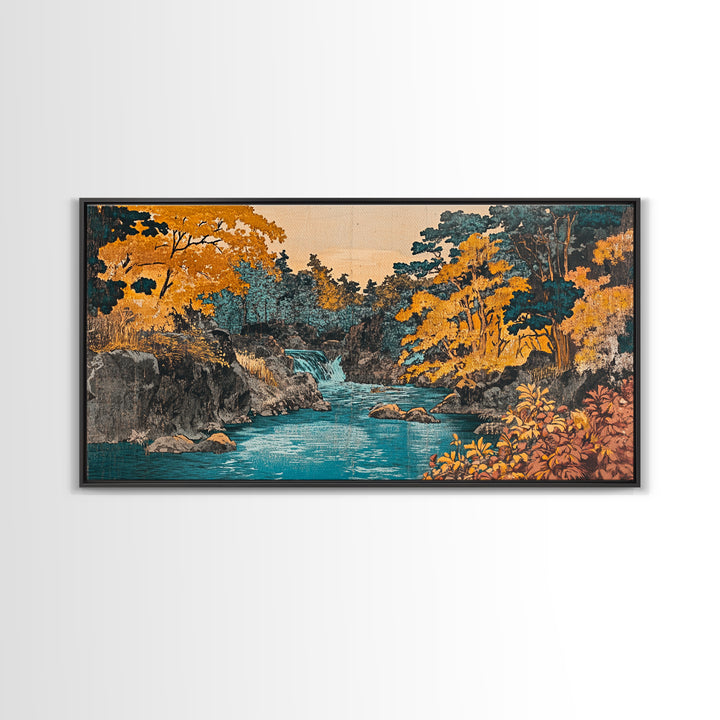 Autumn River Waterfall Wall Art, Japanese Landscape Canvas Print, Gold Forest Home Decor, Cozy Living Room Wall Art Print