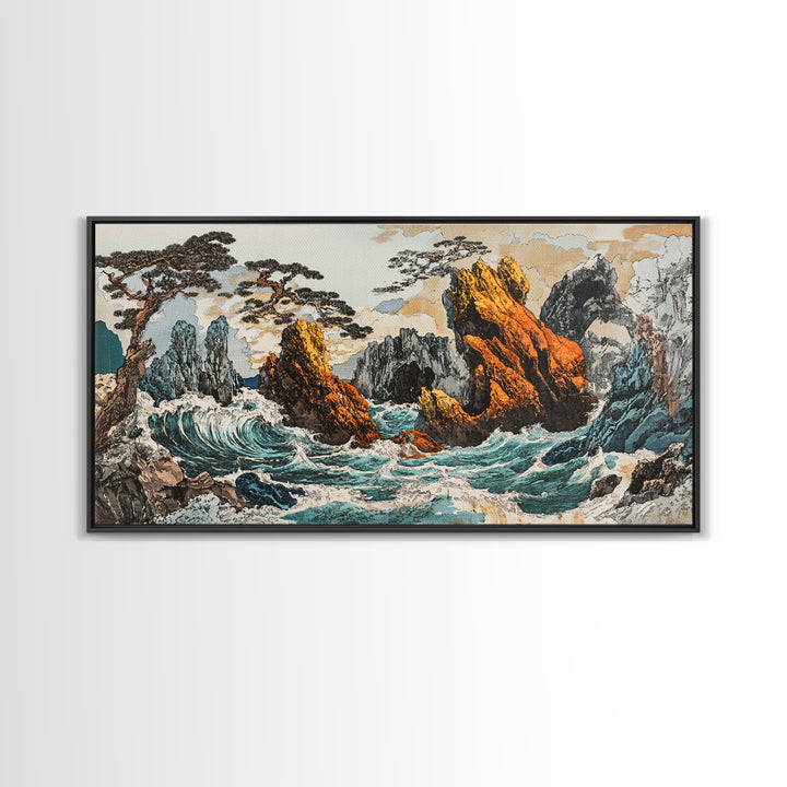 Dramatic Rocky Ocean Waves Framed Canvas Print, Japanese Seascape Wall Art, Coastal Landscape, Nautical Living Room Decor