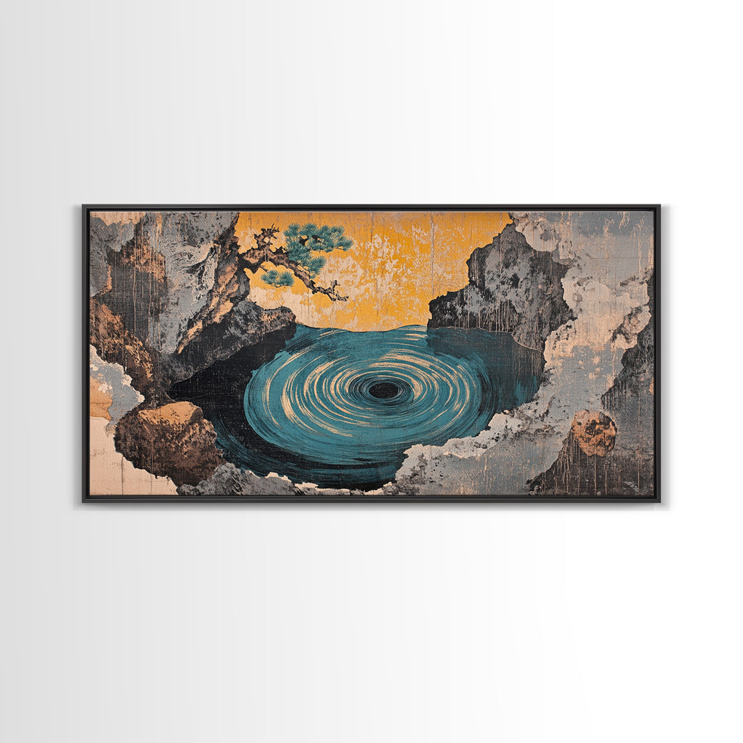 Mystic Ocean Whirlpool Cave Framed Canvas Print, Japanese Seascape Wall Art, Moody Coastal Decor, Fantasy Landscape Art Print