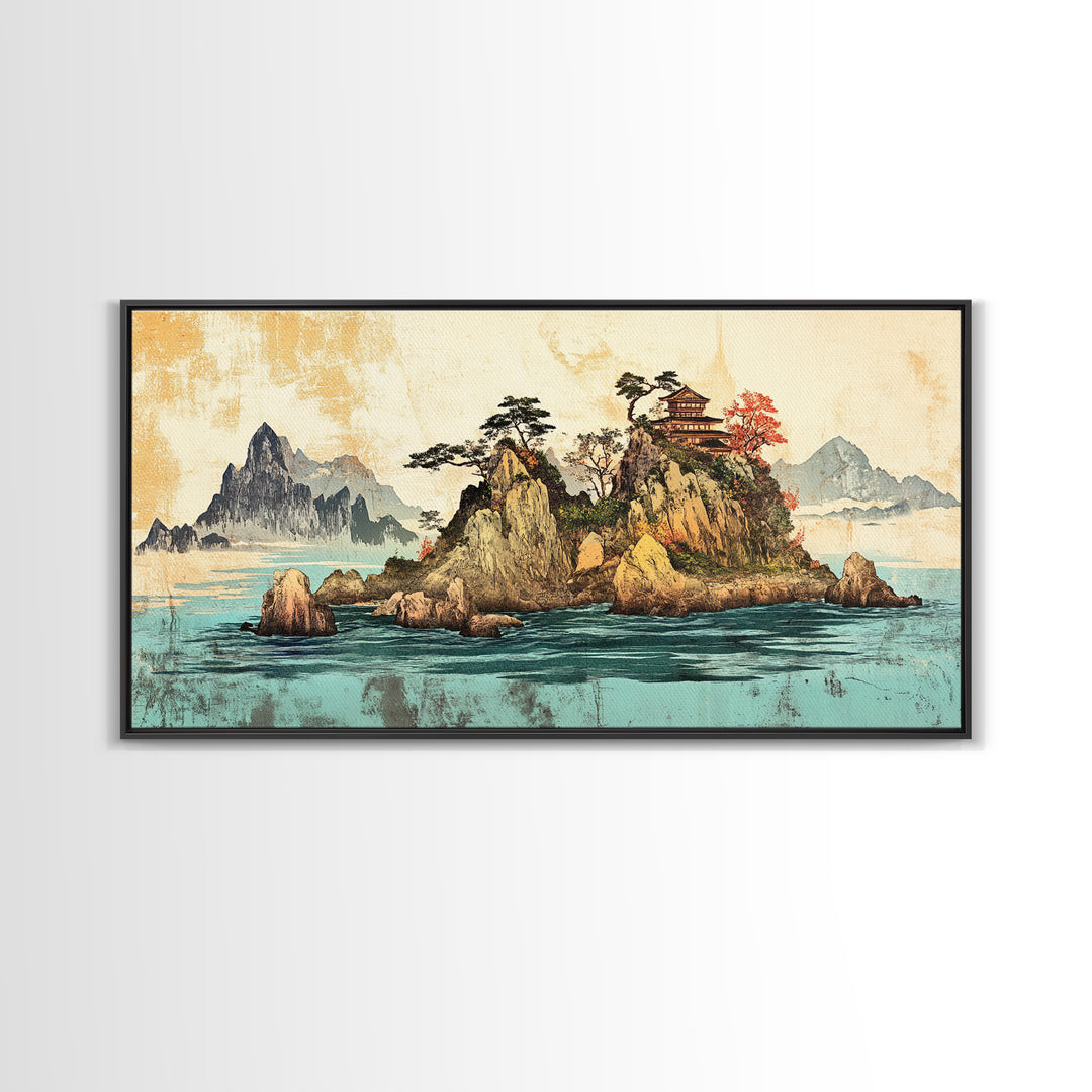 Island Pagoda And Mountain Sea Framed Canvas Print, Japanese Wall Art, Coastal Landscape, Zen Home Decor For Living Room