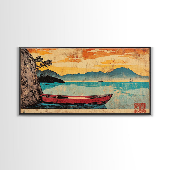 Red Boat On Turquoise Lake Framed Canvas Print, Japanese Landscape Wall Art, Orange Sunset Decor, Coastal Living Room Art