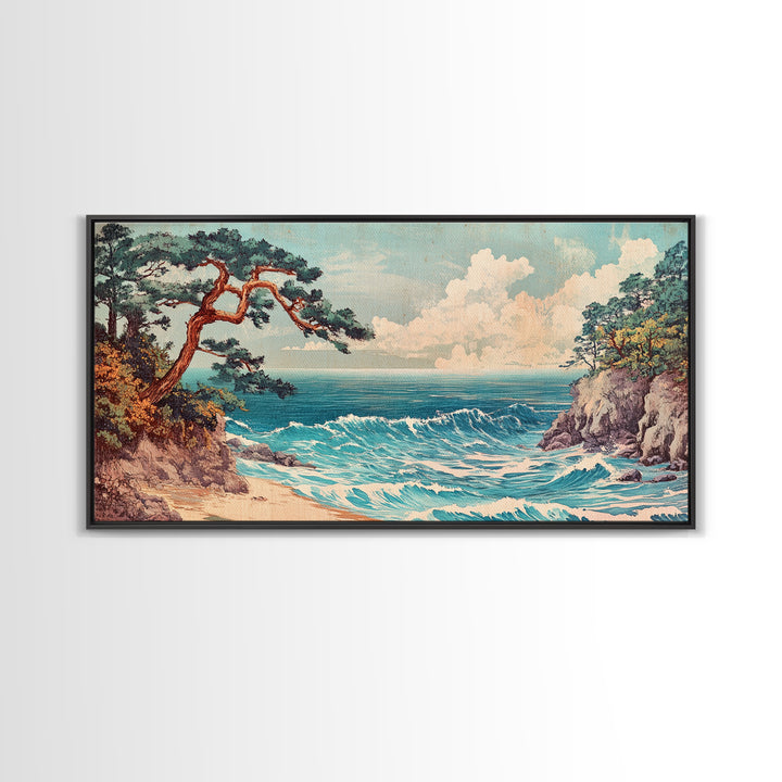 Pine Tree Coastal Cove Canvas Print, Japanese Seascape Wall Art, Ocean Waves, Beach House Decor, Calming Living Room Art